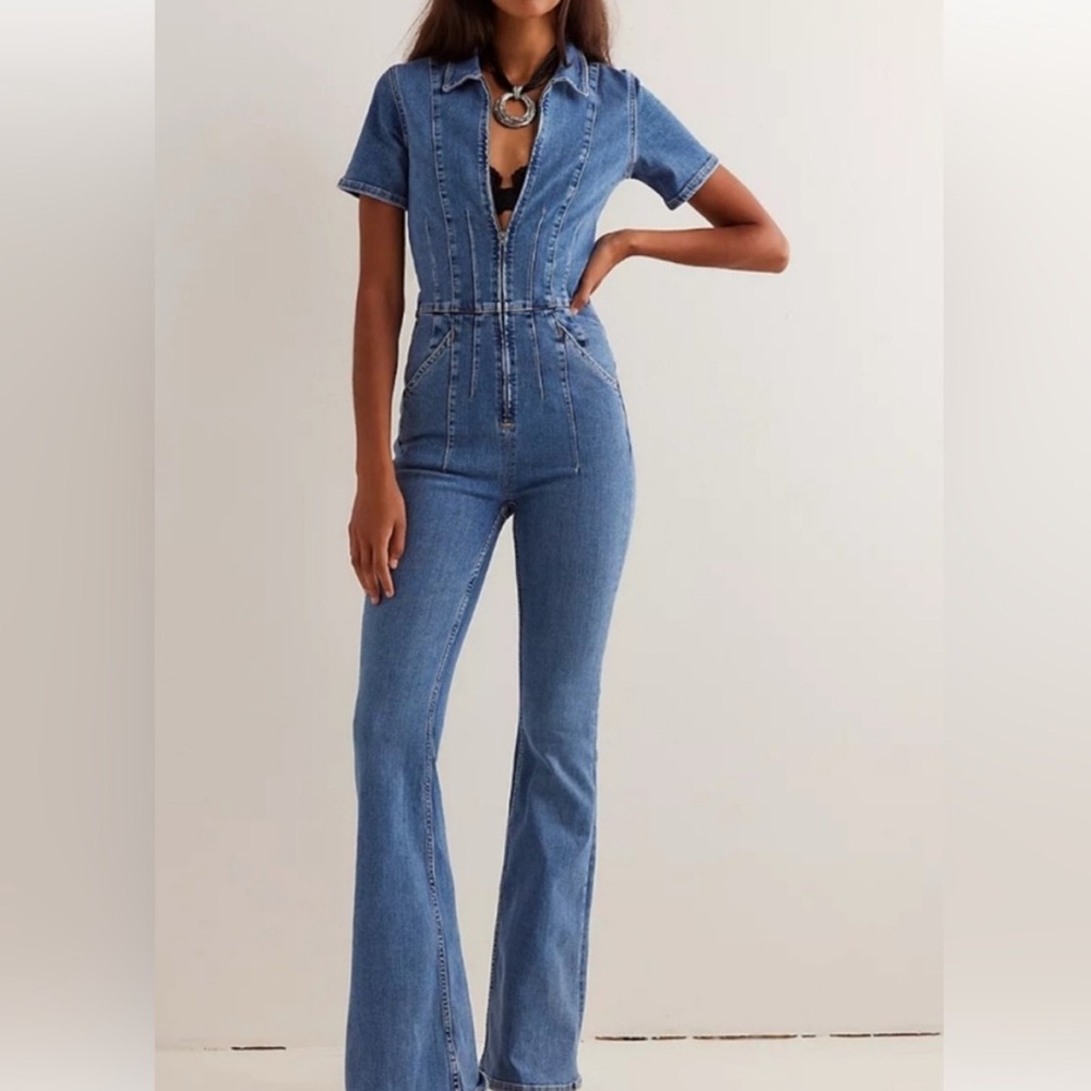 Free People We The Free Jayde Denim Flare Jumpsuit In Sunburst Blue SIZE SMALL
